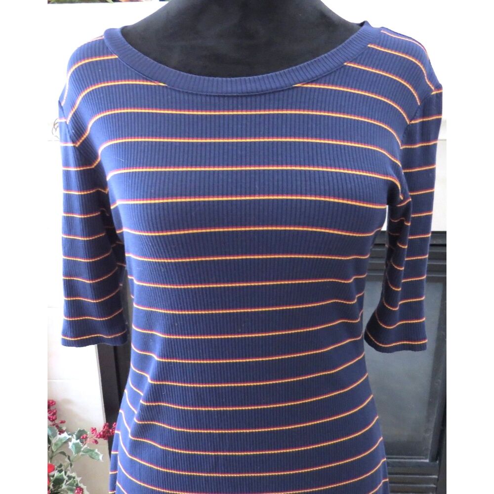 Old Navy Rib Knit Fit & Flare Dress Navy/Orange  Medium EUC
